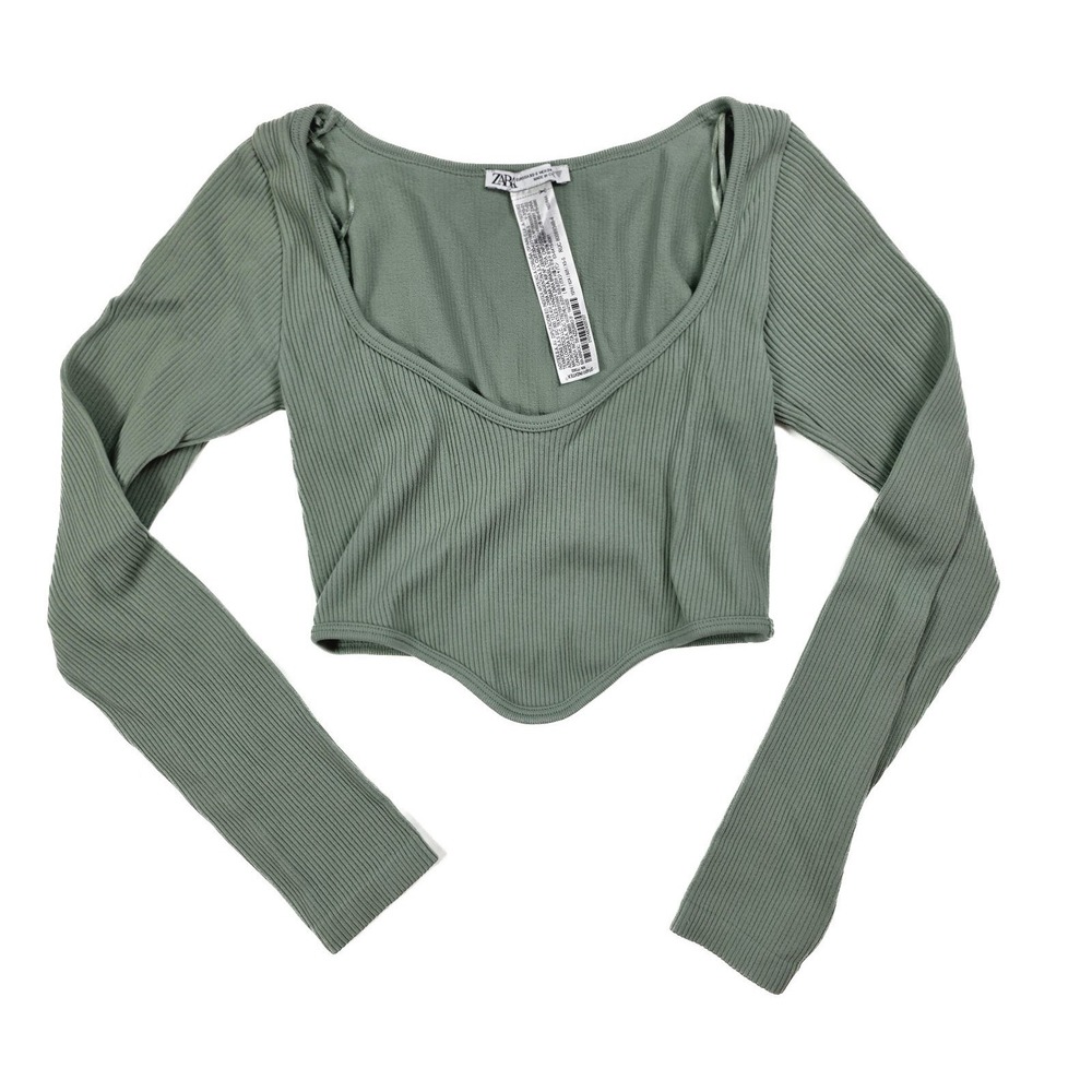 Zara Olive Green Ribbed Long Sleeve Cropped Scoop Neck Top Women's Size XS-S‎